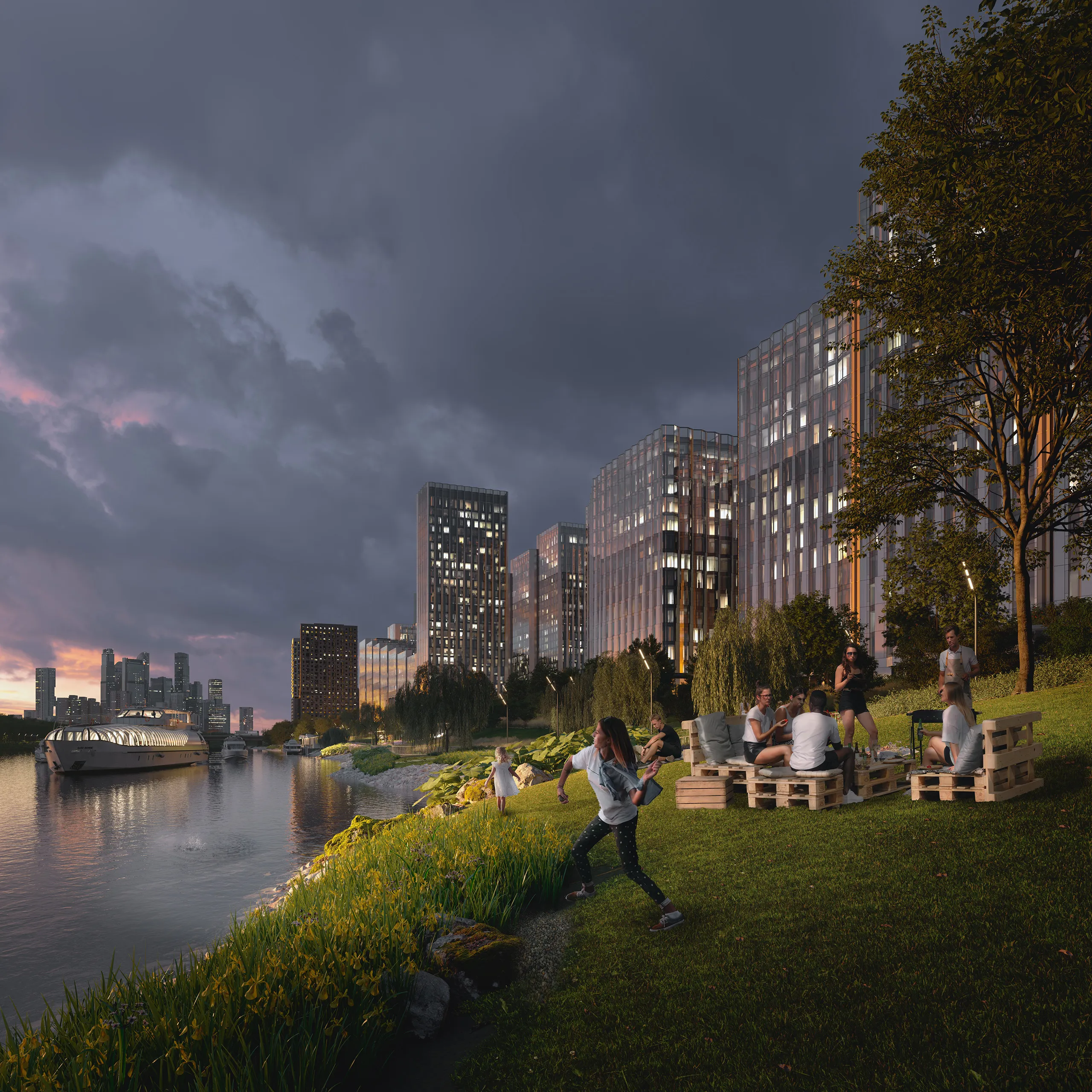 Beregovoy courtyard project thumbnail — exterior 3D render of residential complex