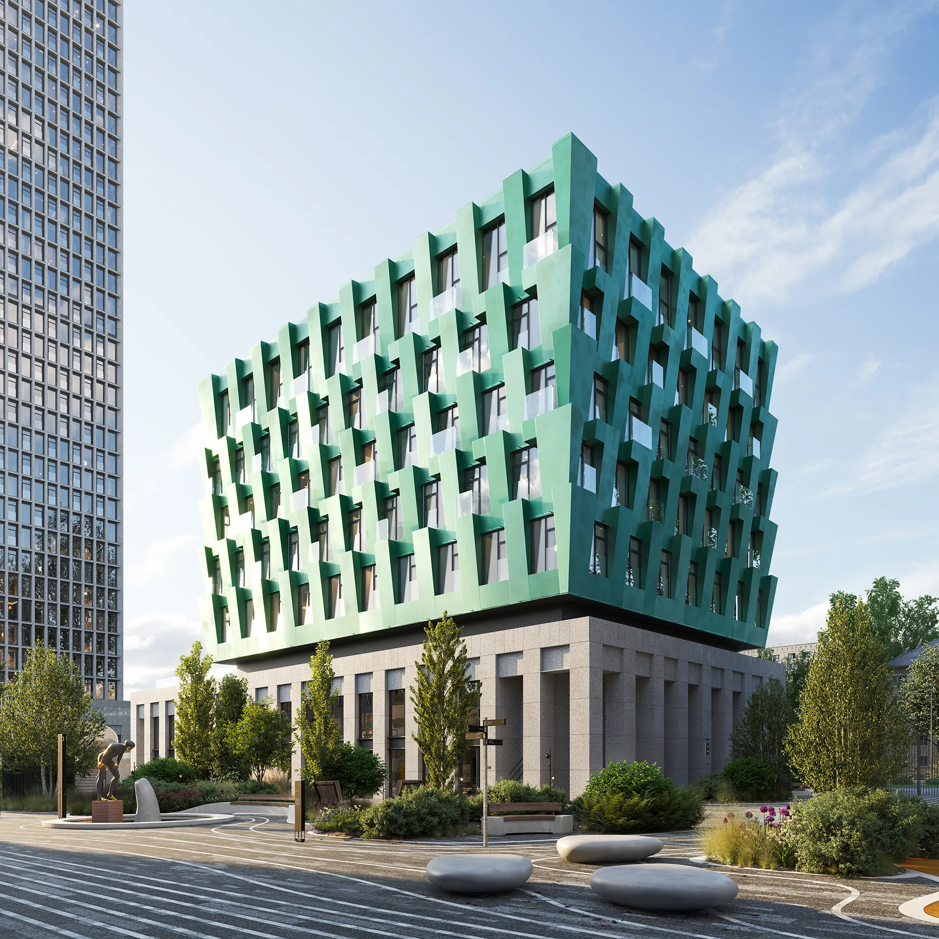 Mod exterior project thumbnail — 3D render of residential complex main facade