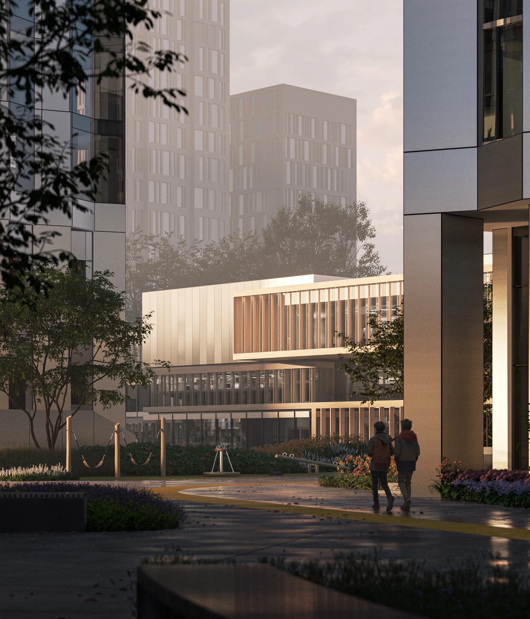 Beregovoy project thumbnail — main exterior 3D render of residential complex facade