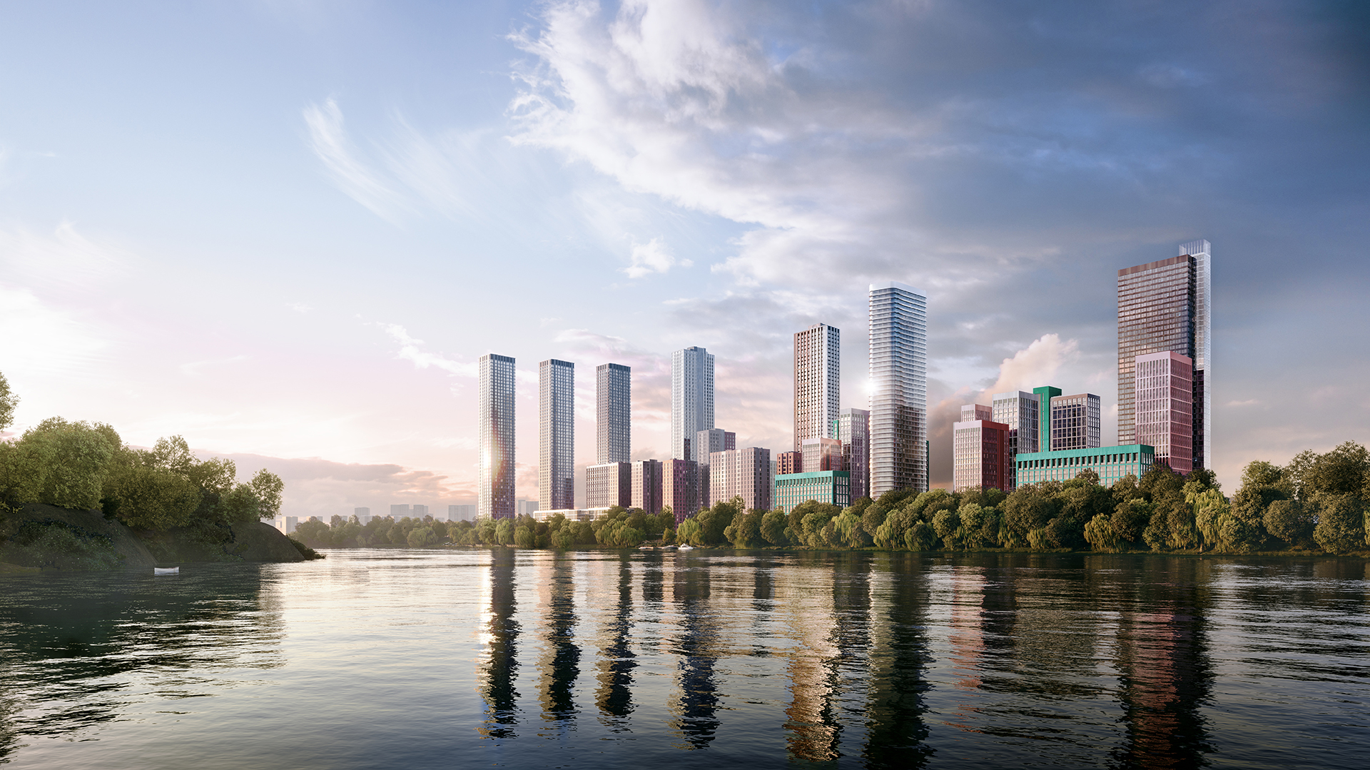City Bay project thumbnail — aerial 3D render of waterfront residential towers